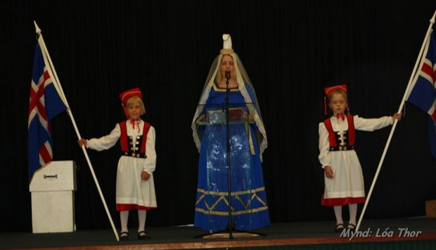 Fjallkona and children in traditional costumes - Celebrations in Hella